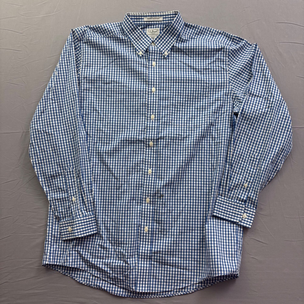 LL Bean Mens Large Tall Blue Gingham‎ Wrinkle Resistant Button Down Shirt 262293